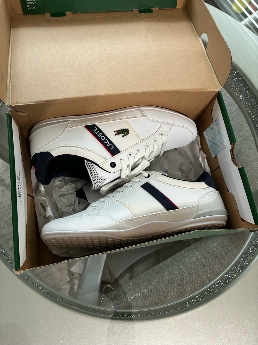 Lacoste White Sneakers with Navy and Red Stripe Detail